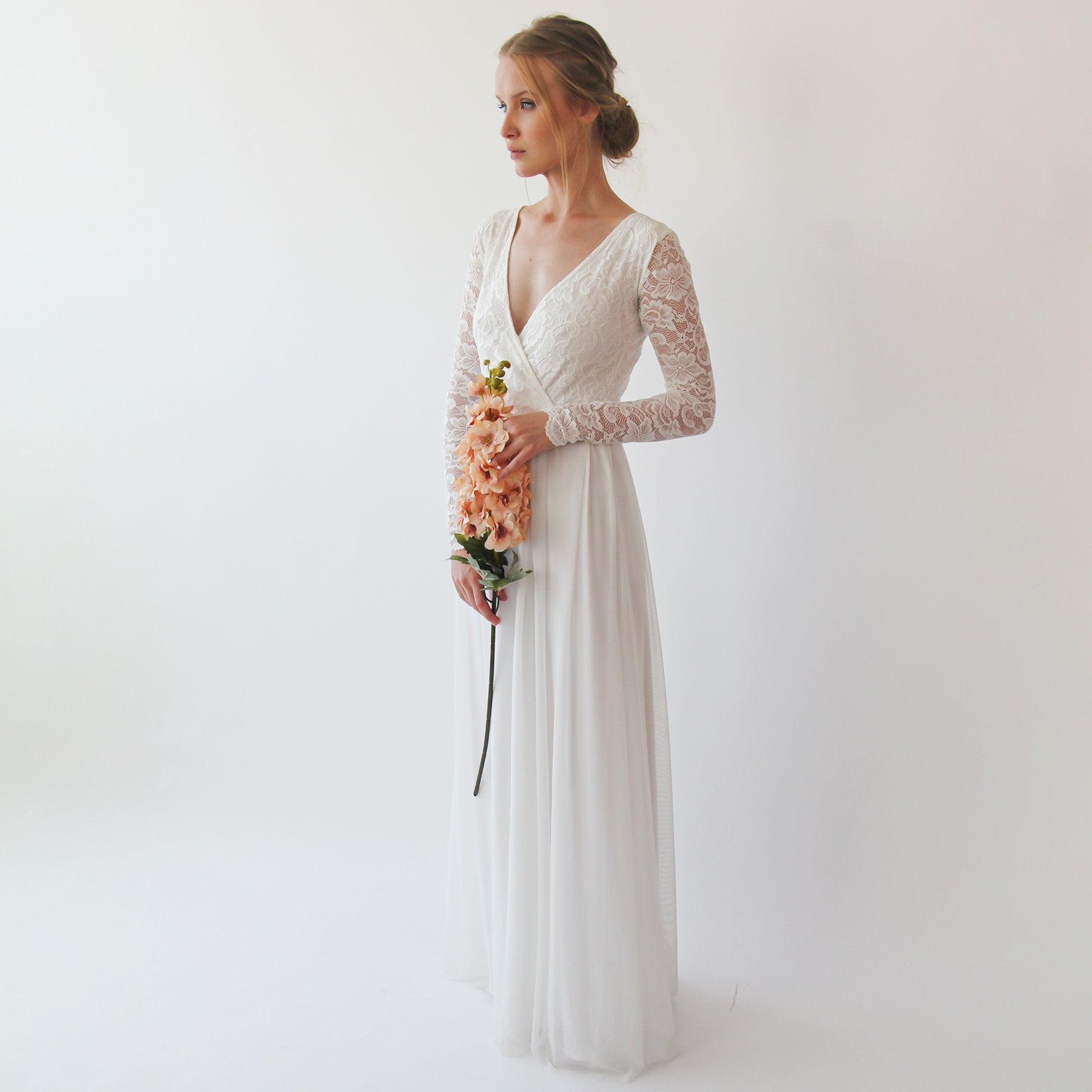 mesh sleeve wedding dress Wrap Lace Wedding Dress With Chiffon Mesh #1256